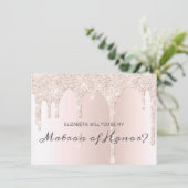 Chique Blush Roze Dripping Glitter Matron of Honor Kaart (Staand voorkant)