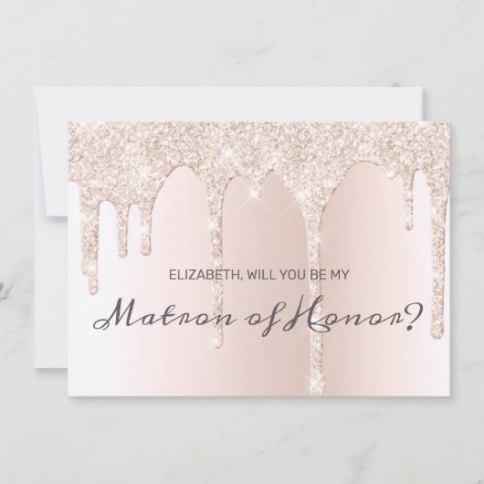 Chique Blush Roze Dripping Glitter Matron of Honor Kaart (Voorkant)