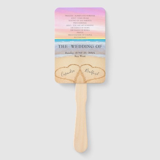 Chique Blush Roze Harten Zand Strand Bruiloft Prog Handwaaier (Voorkant)