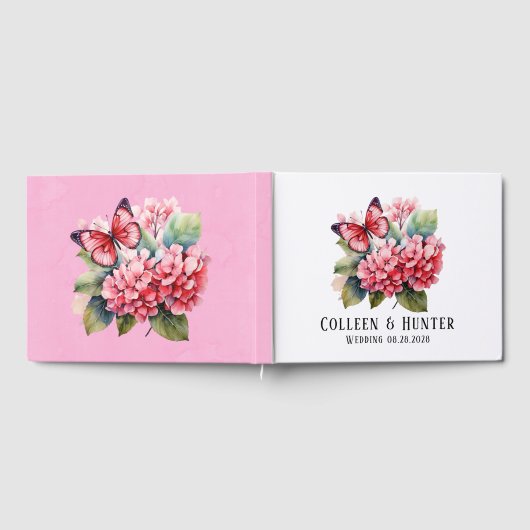 Chique Blush Roze Hydrangea Vlinder Bruiloft Gastenboek (Volledig)