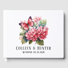 Chique Blush Roze Hydrangea Vlinder Bruiloft Gastenboek