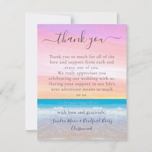 Chique blush roze Paarse tropische strand foto boo Bedankkaart (Achterkant)