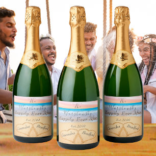 Chique Blush Roze Strand Bruiloft 2 Hart Zand Spar Sparkling Wijnetiket