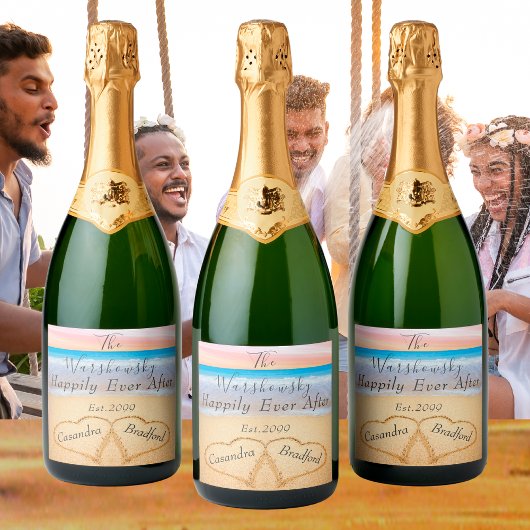 Chique Blush Roze Strand Bruiloft 2 Hart Zand Spar Sparkling Wijnetiket