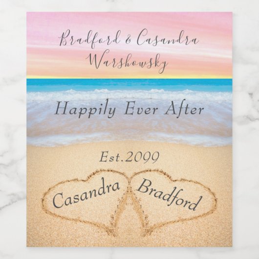 Chique Blush Roze Strand Bruiloft 2 Hart Zand Wijn Etiket (Enkel label)