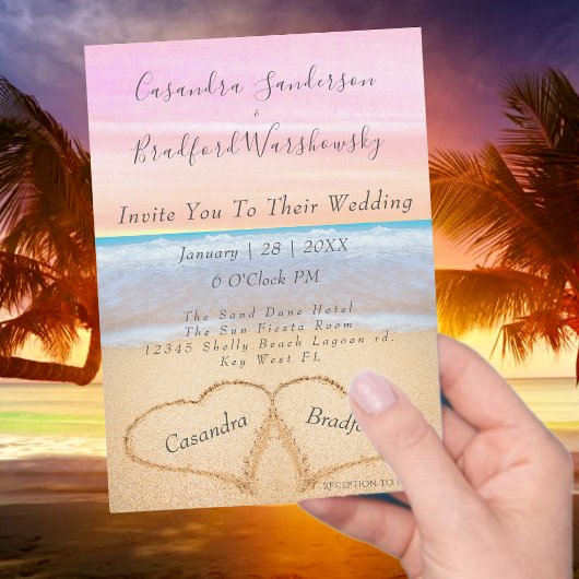 Chique Blush Roze Strand Bruiloft 2 Harten in het  Kaart