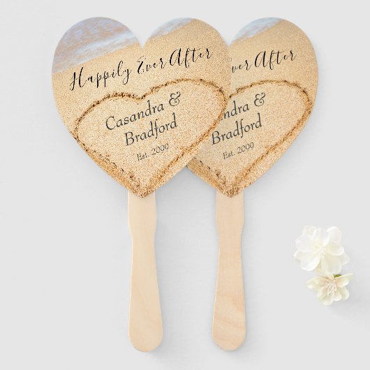 Chique Blush Roze Strand Bruiloft Hart Zand gunst Handwaaier (Voorkant en achterkant)