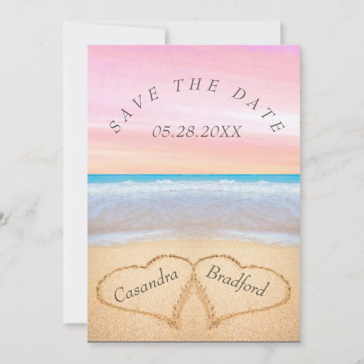 Chique Blush Roze Strand Bruiloft Harten Zand brui Kaart (Achterkant)