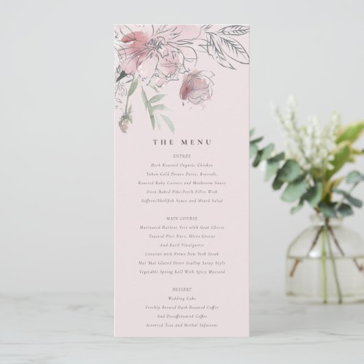 Chique Blush Waterverf Bloemen Bruiloft Menu Kaart (Staand voorkant)