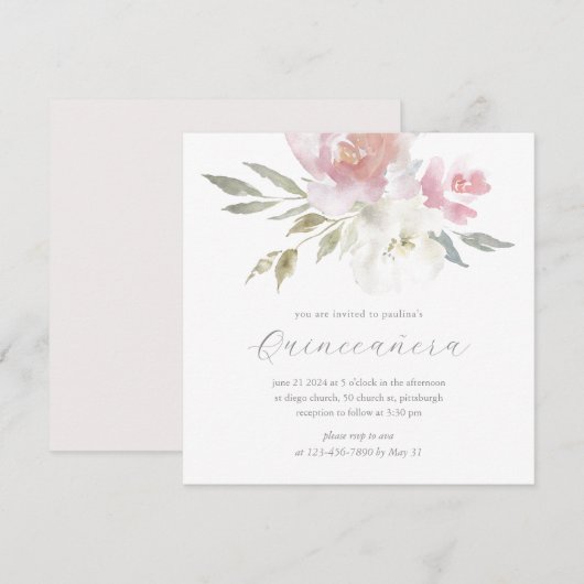 Chique Blush Waterverf Bloemen Quinceanera Foto Kaart (Voorkant / Achterkant)