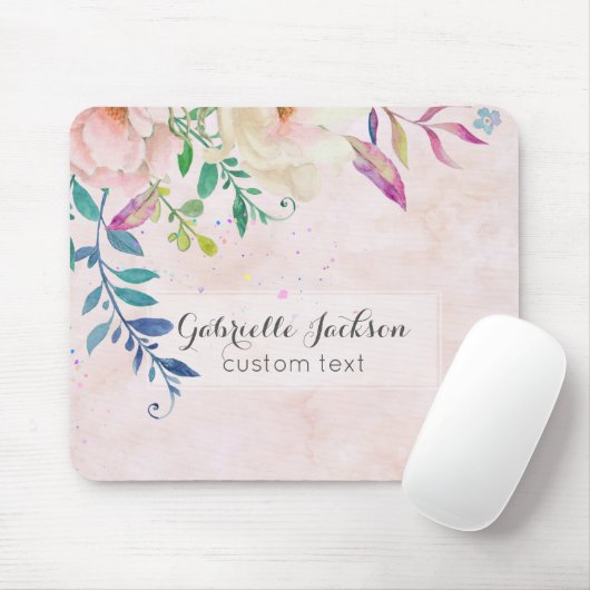 Chique Blush Waterverf Floral Monogram Aangepaste Muismat (Met muis)