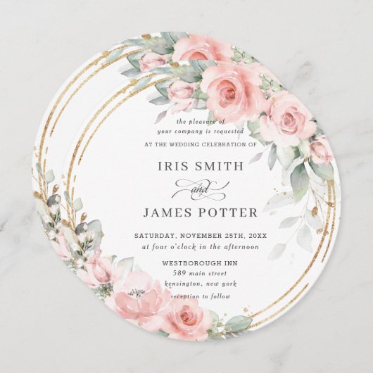 Chique Blush Zacht Roze Bloemen Goud Groen Bruilof Kaart (Voorkant / Achterkant)