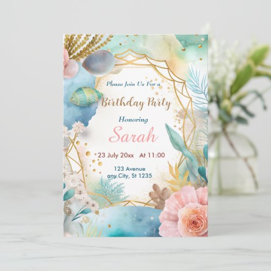 Chique Boho Blauw Goud waterverf Verjaardag Kaart (Staand voorkant)