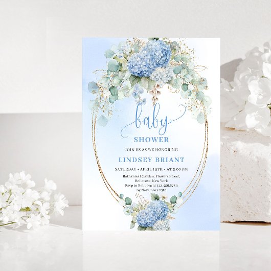 Chique Boho Blauwe Hydrangea Baby Shower Uitnodigi Kaart