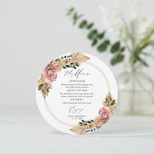 Chique Boho Bloemen Bruiloft Cirkel Menu Kaarten (Staand voorkant)