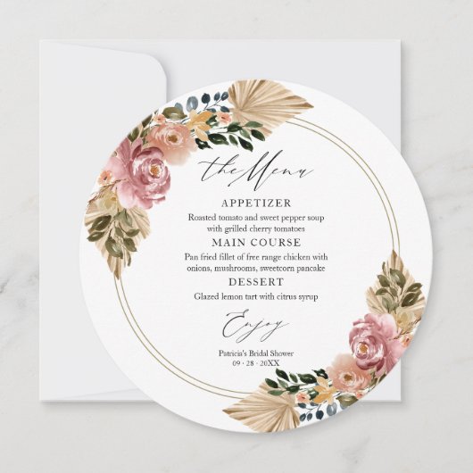 Chique Boho Bloemen Bruiloft Cirkel Menu Kaarten (Voorkant)