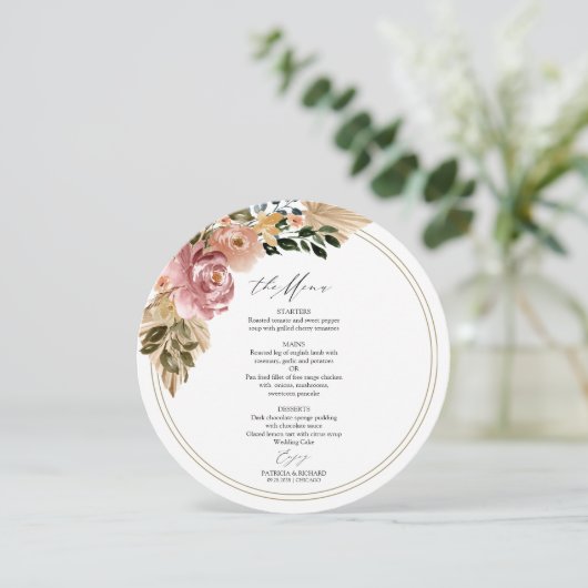 Chique Boho Bloemencirkel Bruiloft Menu Kaart (Staand voorkant)