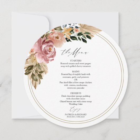 Chique Boho Bloemencirkel Bruiloft Menu Kaart (Voorkant)