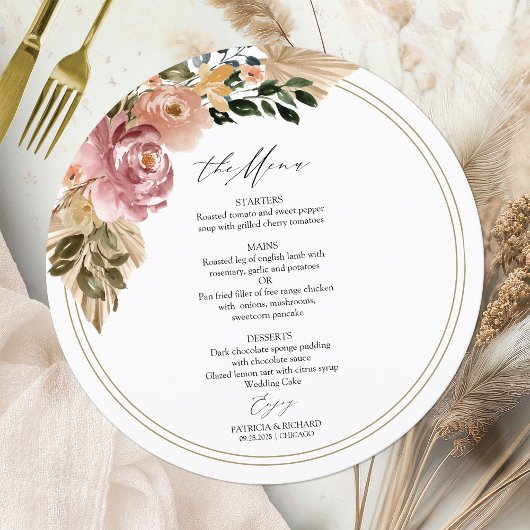 Chique Boho Bloemrijke Cirkel Trouwmenu Kaart