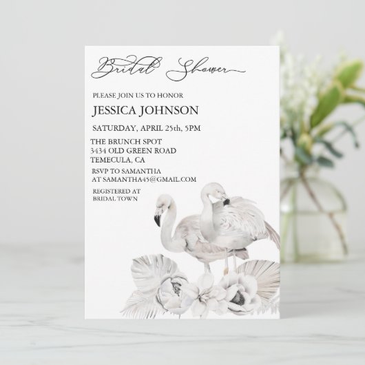 Chique Boho Bruidsfeest Witte Flamingo Tropisch Kaart (Staand voorkant)