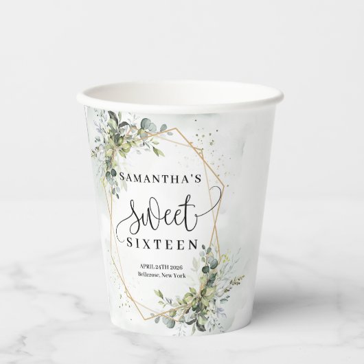 Chique boho eucalyptus groen goud 16e verjaardag papieren bekers (Voorkant)