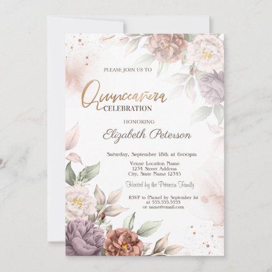 Chique Boho Rozen Bloemen Quinceañera Kaart (Voorkant)