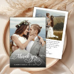 Chique Boho Script Foto Bruiloft Dank u Kaart<br><div class="desc">Moderne Boho Chic Kalligrafie Script Wedding Photo Dank u kaart. Stijlvolle bruiloft dank u sjabloon met een volledige verticale foto op de voorkant met de tekst "Thank You" in een grillige wervelende hand belettering typografie swash tail font script in witte overlay op het afbeelding. 2-zijdige kaart met 2 foto. Gemakkelijk...</div>