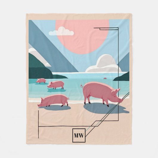 Chique boho vector varkens op het strand monogram fleece deken (Voorkant)