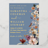 Chique Boho Wildflower rustieke Periwinkle bruilof Folie Uitnodiging (Voorkant)