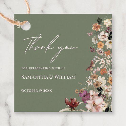 Chique Boho Wildflower Rustieke Sage Groene Bruilo Bedankjes Labels (Voorkant)