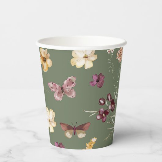 Chique Boho Wildflower Rustieke Sage Groene Bruilo Papieren Bekers (Achterkant)