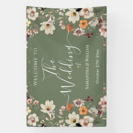 Chique Boho Wildflower Rustieke Sage Groene Bruilo Spandoek (Verticaal)