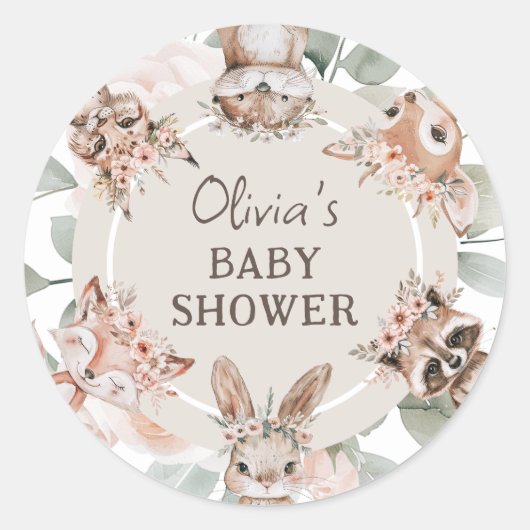 Chique Boho Woodland Dieren Baby Douche Ronde Sticker (Voorkant)