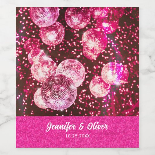 Chique Bold Roze Glitter Retro Disco Ballen Bruilo Wijn Etiket (Enkel label)