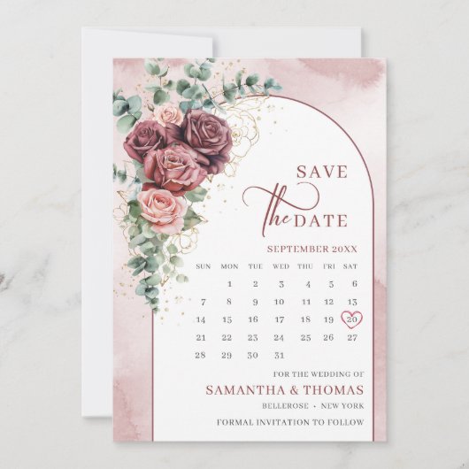 Chique boog blush marron rozen bloemeneucalyptus save the date (Voorkant)