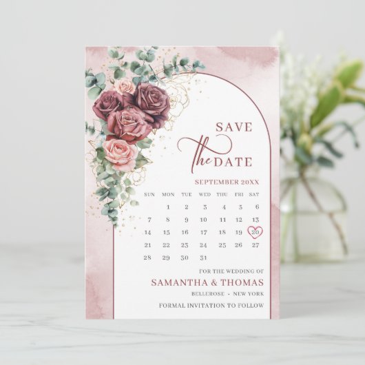 Chique boog blush marron rozen bloemeneucalyptus save the date (Staand voorkant)