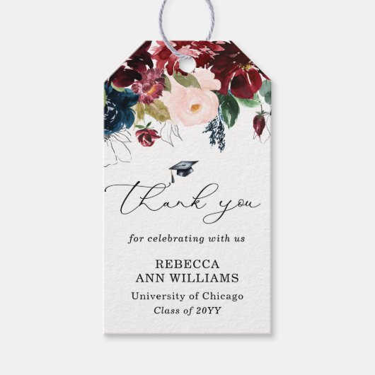 Chique bordeaux bloemen script bedankt afstuderen cadeaulabel (Voorkant)