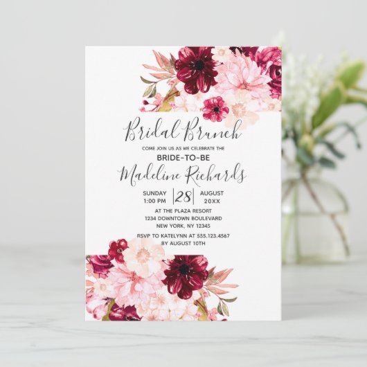 Chique bordeaux blush roze bruids brunch uitnodigi kaart