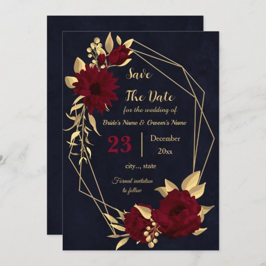 Chique bordeaux en goud marine geometrische save the date (Voorkant / Achterkant)