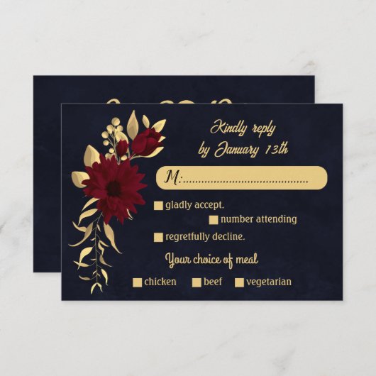Chique bordeaux en goud marine maaltijd keuze brui RSVP kaartje (Voorkant / Achterkant)