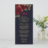 Chique bordeaux en goud marineblauw bruiloft menu (Staand voorkant)
