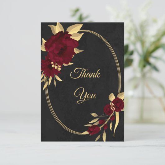 Chique bordeaux en goud zwart bedankkaart (Staand voorkant)