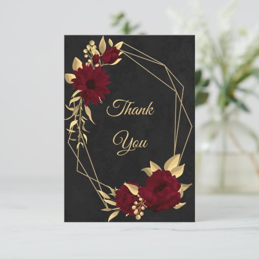 Chique bordeaux en goud zwart bedankkaart (Staand voorkant)