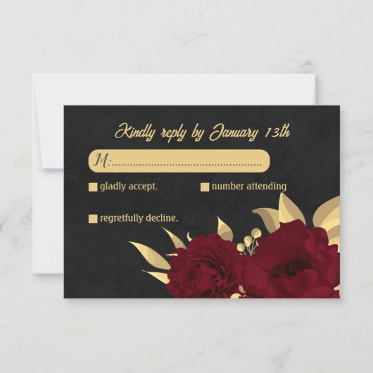 Chique bordeaux en goud zwart botanische bruiloft RSVP kaartje (Voorkant)