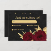 Chique bordeaux en goud zwart botanische bruiloft RSVP kaartje (Voorkant / Achterkant)