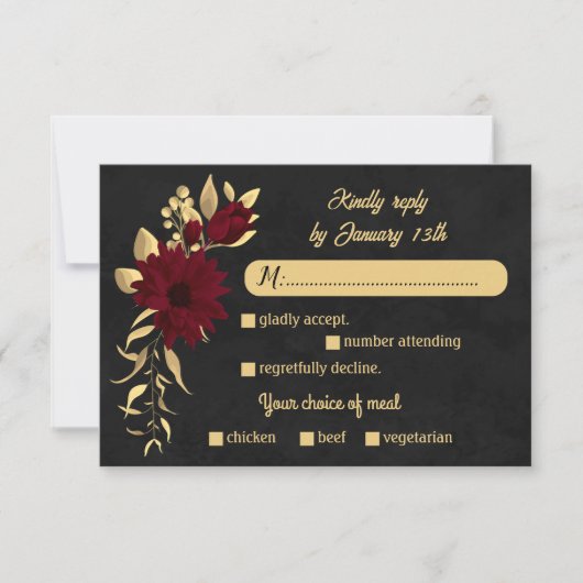 Chique bordeaux en goud zwart maaltijd keuze bruil RSVP kaartje (Voorkant)