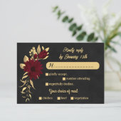 Chique bordeaux en goud zwart maaltijd keuze bruil RSVP kaartje (Staand voorkant)