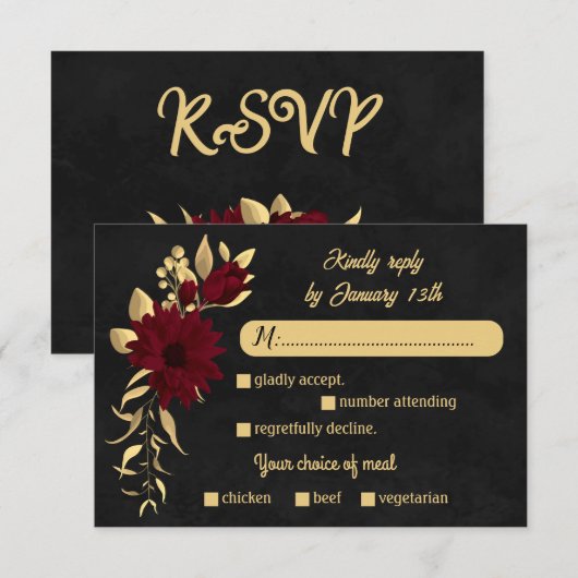 Chique bordeaux en goud zwart maaltijd keuze bruil RSVP kaartje (Voorkant / Achterkant)