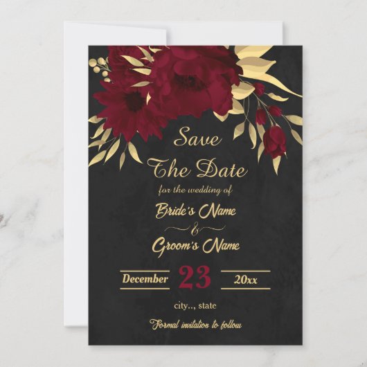 Chique bordeaux en goud zwart save the date (Voorkant)