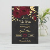 Chique bordeaux en goud zwart save the date (Staand voorkant)